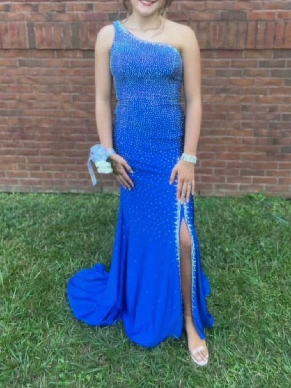 One-Shoulder Royal Blue Evening Gown with Beaded Detail